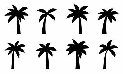 Black palm trees set isolated on white background. Design of palm trees for posters, banners and promotional items. Vector illustration