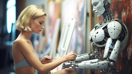 a beautiful girl with an futuristic robot, young woman has careful contact with a robot, fictional person created with generative ai