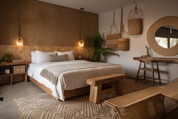 eco-friendly hotel room with natural decor and recycled products, created with generative ai