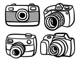 set of cute Doodle camera icons set on white background