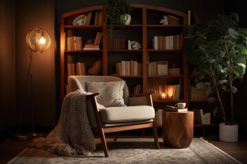cozy reading nook with armchair, bookshelf, and good lighting, created with generative ai