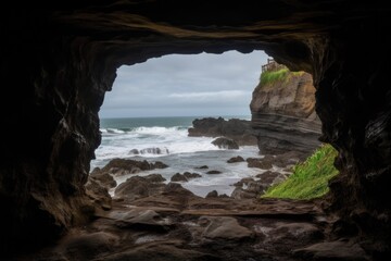 cave entrance, with view of the ocean and distant cliffs visible through the opening, created with generative ai