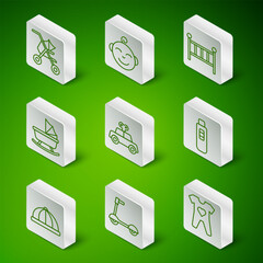 Set line Baby clothes, Roller scooter, stroller, Toy car, Little boy head, hat and Pregnancy test icon. Vector
