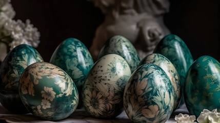 Easter eggs in light green and turquoise with detail flower painting repetitive dotwork, generative ai