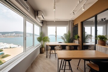 co-working space with a view of the beach or river, for professionals who want to escape the city for a moment, created with generative ai