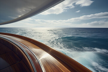 View from the rail of a luxury speed boat over vast ocean view, generative ai