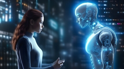 A female talking with holographic ai robot. futuristic technology or machine learning concepts. Generative Ai technology