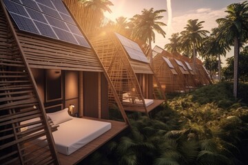 Fototapeta na wymiar eco-friendly hotel with solar panels and recycled materials in the rooms, created with generative ai