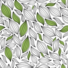 Luxury floral pattern with hand drawn leaves with green elements. Elegant astract background in minimalistic linear style.