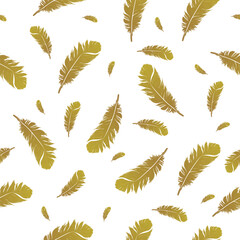 Golden feather seamless pattern on white background. Vintage card for fabric design. Peacock feather seamless pattern.
