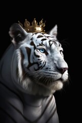 White tiger with golden crown on black background. Generative AI.