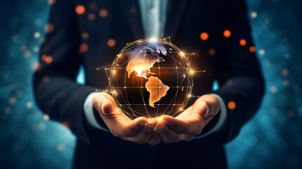 Businessman holding a glowing hologram globe. Businessman touching technology, global network and data exchange. Generative Ai