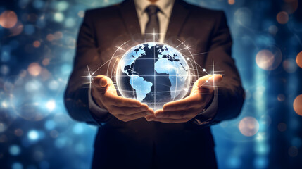 Businessman holding a glowing hologram globe. Businessman touching technology, global network and data exchange. Generative Ai
