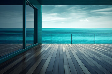 The view from wooden floor balcony of a resort across over the ocean clear blue water, generative ai