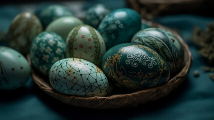 Easter eggs in basket in light green and turquoise with detail painting repetitive dotwork, generative ai