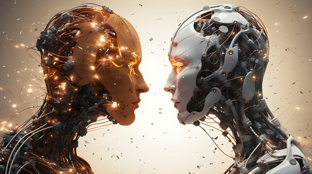 Fototapeta Two futuristic opposite ai robots. Battle of good and bad artificial intelligence robot. generative AI digital illustration.