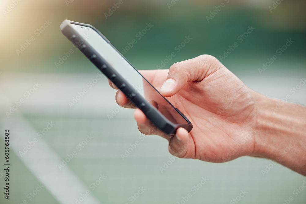 Poster man, hands and phone on tennis court for communication, social media or networking outdoors. closeup