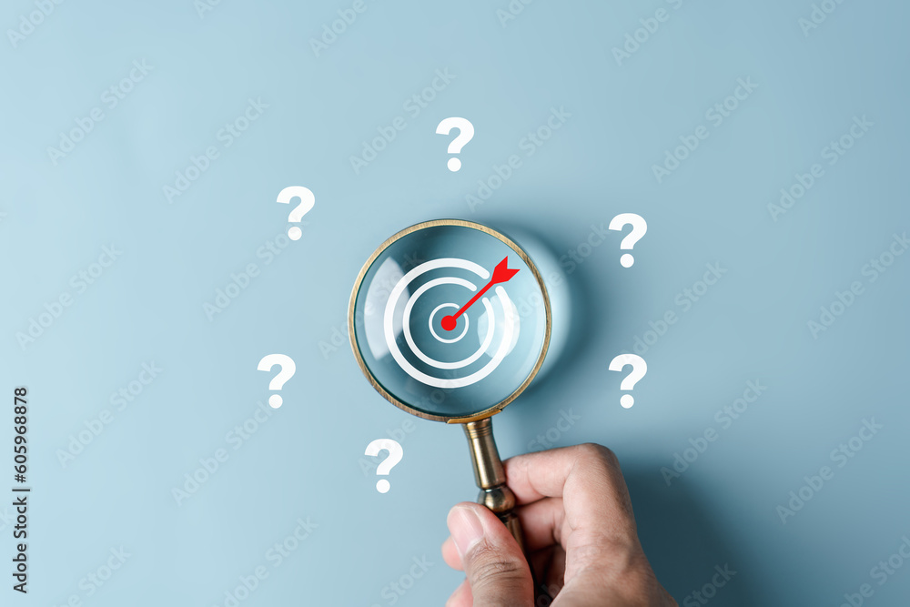 Aufkleber Magnifier focus to target solution target which among question icon, successful business and thinking solution strategy concept.
