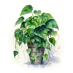 A beautiful watercolor painting of a pothos plant with white background, generative ai