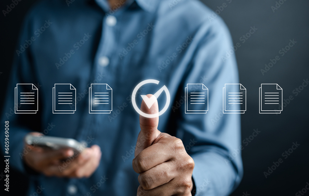 Aufkleber Checklist Quality management with Quality Assurance or QA and Quality Control or QC and improvement. Standardization, certification. Compliance to regulations service and standards...