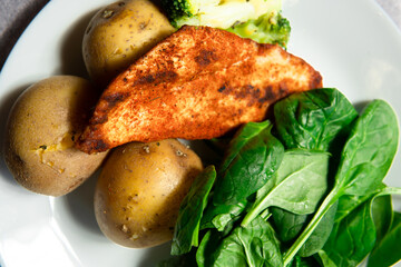 Chicken with potatoes, spinach and broccoli. Protein-rich training meal