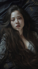 Korean girl long black hair big eyes in a gray jacket laying in bed looking to camera, generative ai