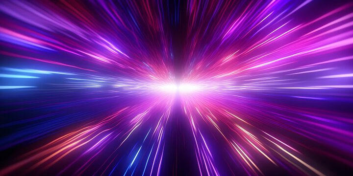Multicolored glowing purple neon rays. High speed tunnel motion zooming in. Bright neon rays and glowing lines. Generative AI