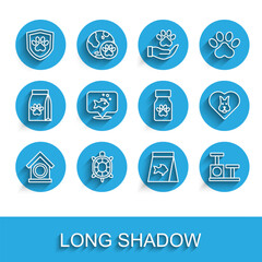 Set line Dog house, Turtle, Animal health insurance, Food for fish, Cat scratching post with toy, Fish, Heart dog and Medicine bottle and pills icon. Vector