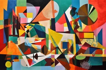 cubist collage with geometric shapes and bold colors, created with generative ai