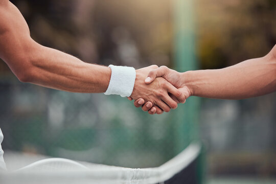 Man, tennis and handshake for partnership, deal or game in competition together on court. Hand of men or friends shaking hands for sports training, teamwork or support friendship in match agreement