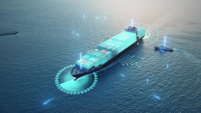 AI technology. Global Logistics international delivery concept, World map logistic and supply chain network distribution container Ship running for export import to customs cean concept technology