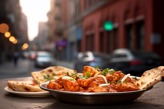 Indian chicken tikka masala with naan. india background. generative AI