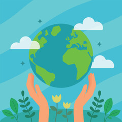 Save the world planet earth with hands and flowers
