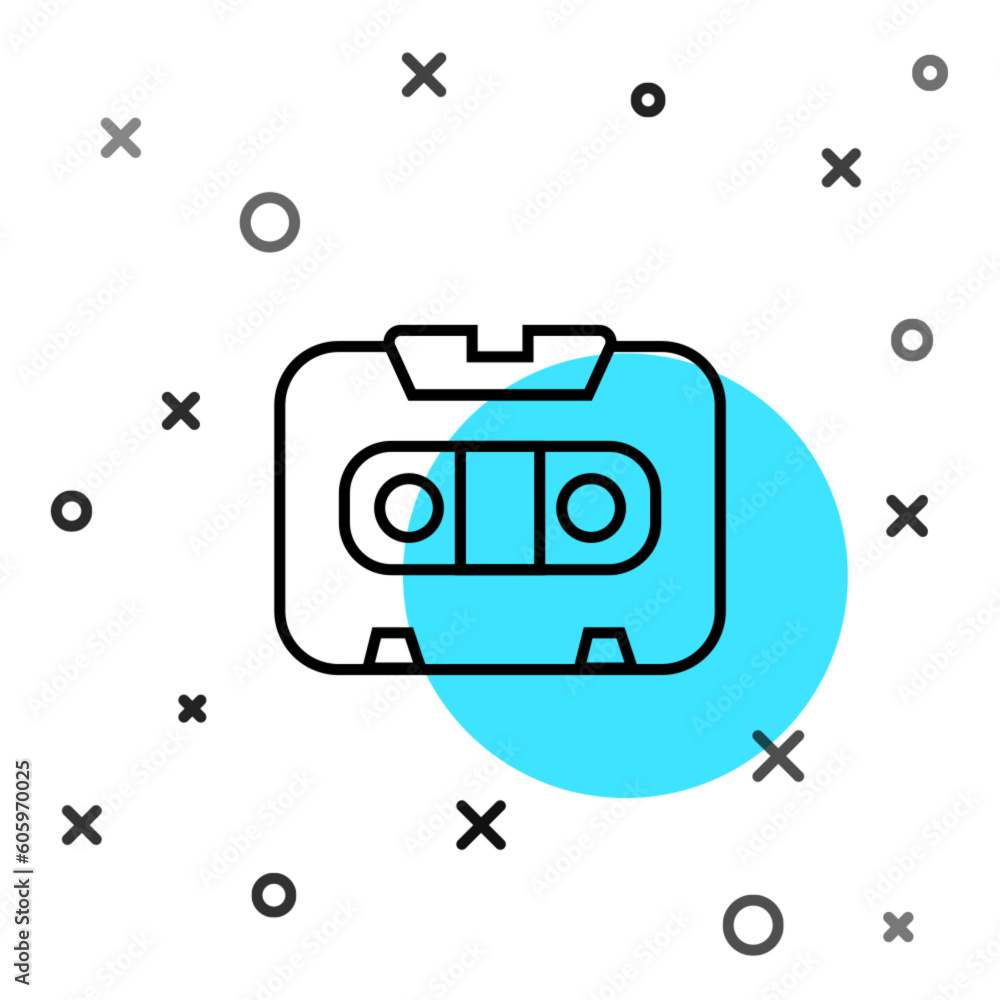 Poster black line retro audio cassette tape icon isolated on white background. random dynamic shapes. vecto