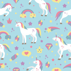 Seamless vector pattern with cute unicorns on a floral background. Ideal for textiles, wallpapers or prints.