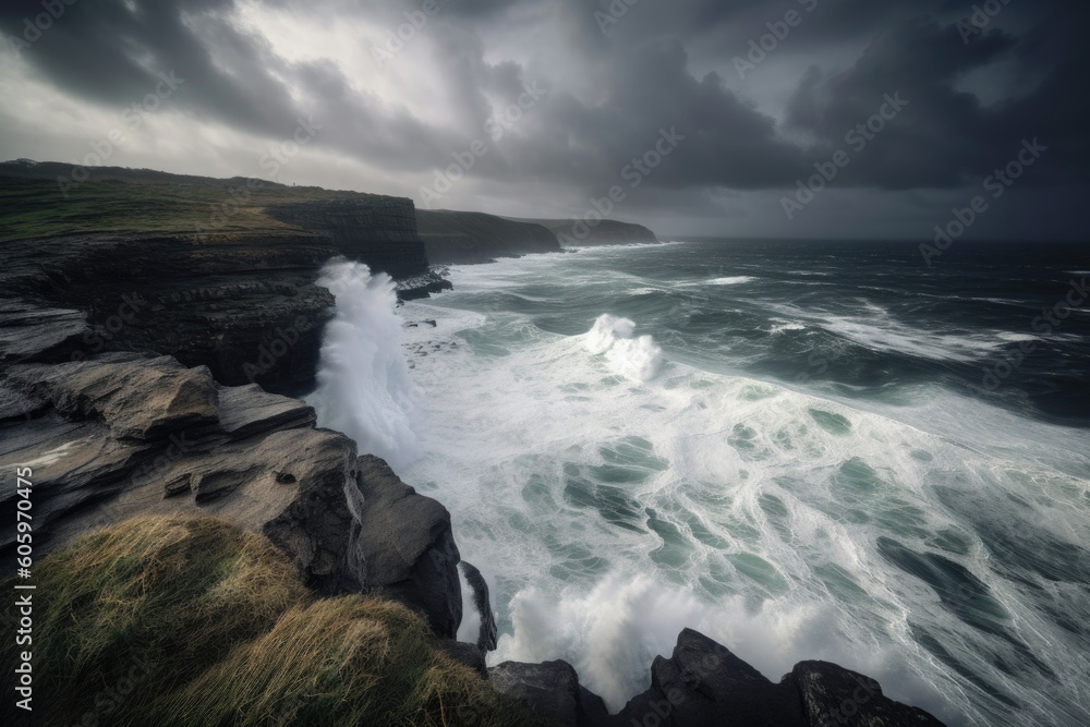 Sticker clifftop view of crashing waves and stormy sky, created with generative ai