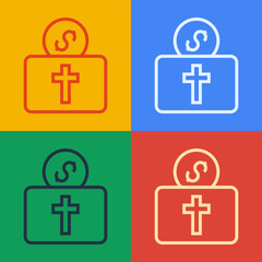 Obraz premium Pop art line Donation for church icon isolated on color background. Vector