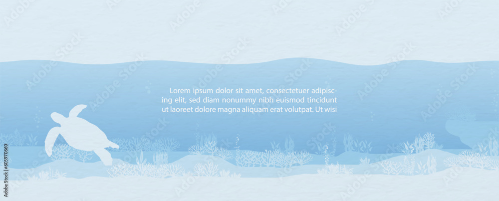 Poster card and poster scene of under the sea and ocean in flat style and vector design with example texts 