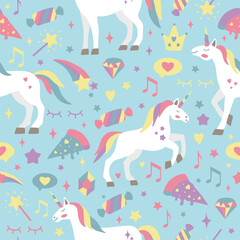Seamless background with unicorns. Perfect for kids design, fabric, packaging, wallpaper, textile, apparel