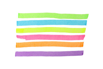 Colorful stripes drawn with markers isolated on white, top view