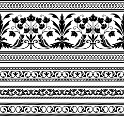 Decorative black seamless borders, classic art. Whimsical floral elements, acanthus. Stencils for furniture. - obrazy, fototapety, plakaty