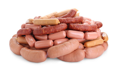 Many fresh raw sausages isolated on white. Meat product