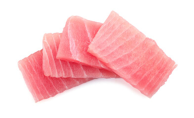 Tasty sashimi (pieces of fresh raw tuna) on white background, top view