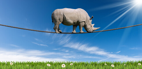 Huge white rhino (rhinoceros) walking on a steel cable (rope), above a green meadow with daisy flower, against a clear blue sky with clouds, sunbeams and copy space. © Alberto Masnovo