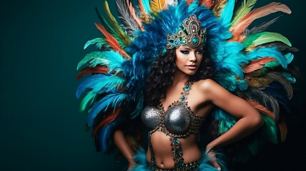 Fototapeta na wymiar Woman in special feather costume is dancing at studio.Carnival samba, generative ai tools 