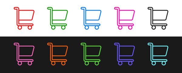 Set line Shopping cart icon isolated on black and white background. Online buying concept. Delivery service sign. Supermarket basket symbol. Vector