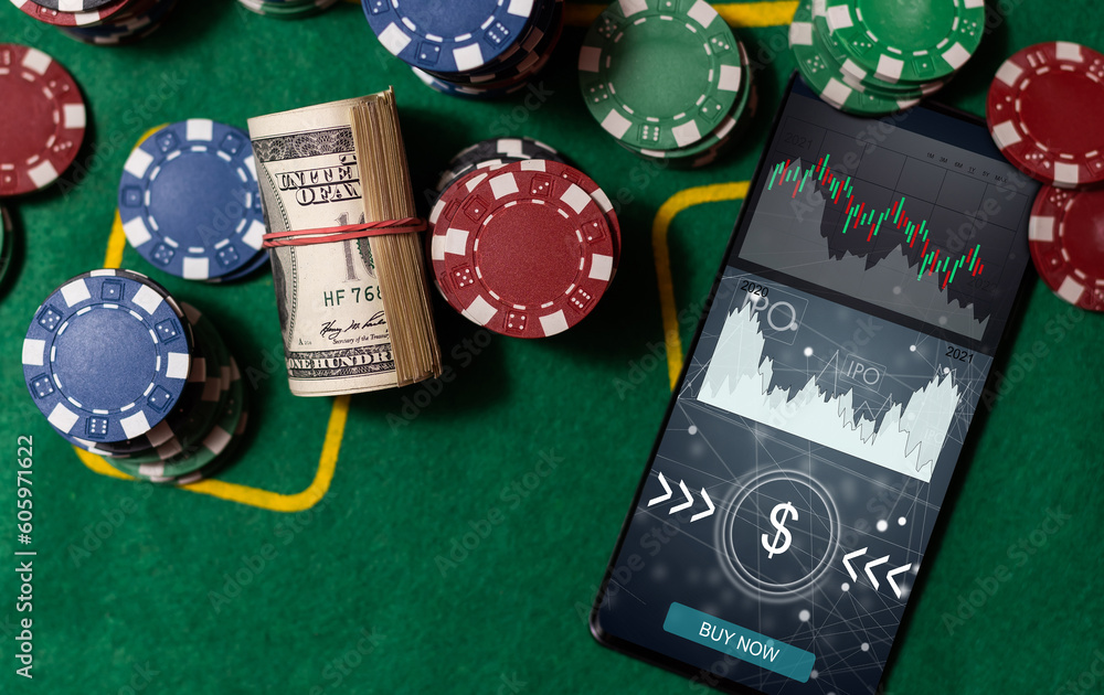 Aufkleber smartphone with ipo graphics. app is open on smart phone - stock chart is visible in the background.