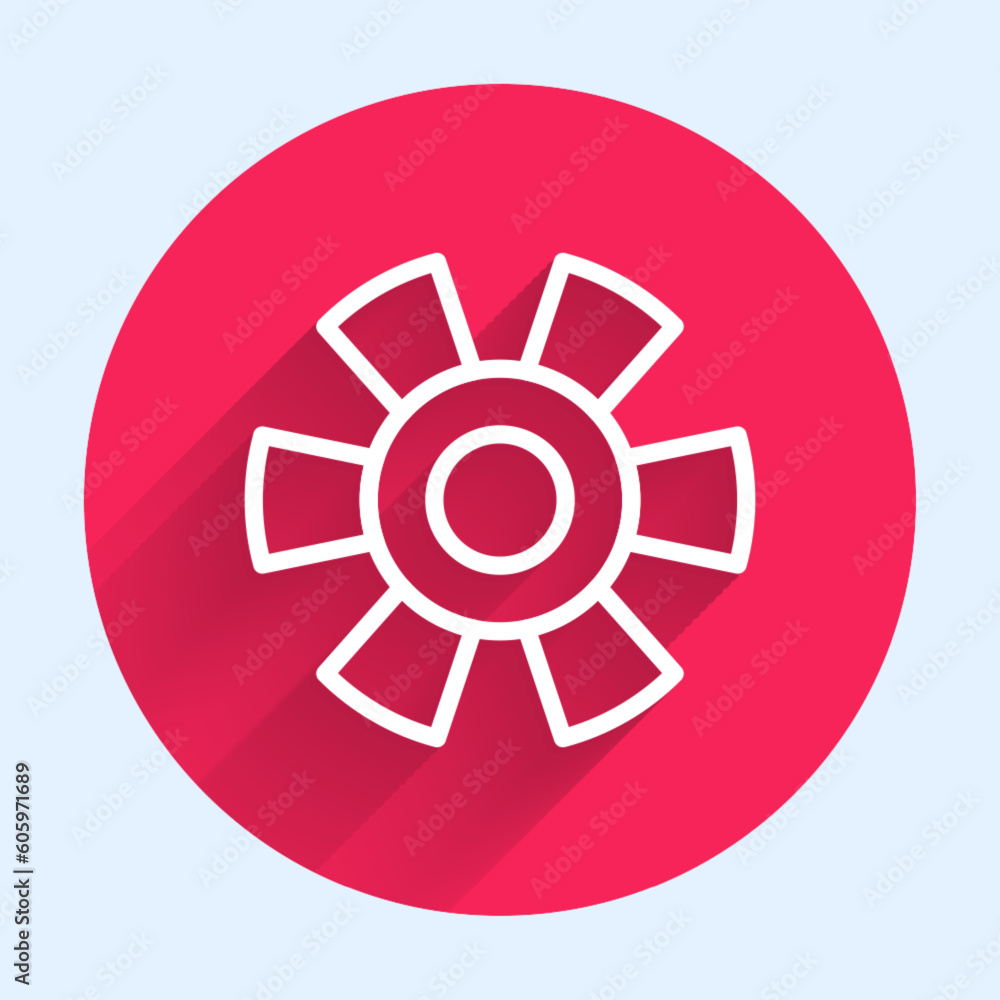 Poster white line sun icon isolated with long shadow background. red circle button. vector