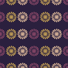 Fototapeta premium Many Rows of Colorful Large Flower Heads, Seamless Pattern Colored in Purple, Brown and Light Brown - Retro Style Texture, Vintage Style Background, Design Element in Editable Vector Format