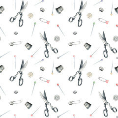 Sewing seamless scissor and needle pattern, vintage pattern. Sewing background. Textile design.